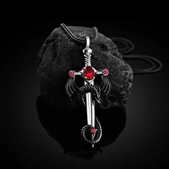 Gothic Dragon Sword Cross Pendant Necklace Punk Zircon Vintage Dark Jewelry - Picture 4 of 5